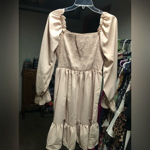 Shirred Bodice Flounce Sleeve Ruffle Hem Dress BIEGE